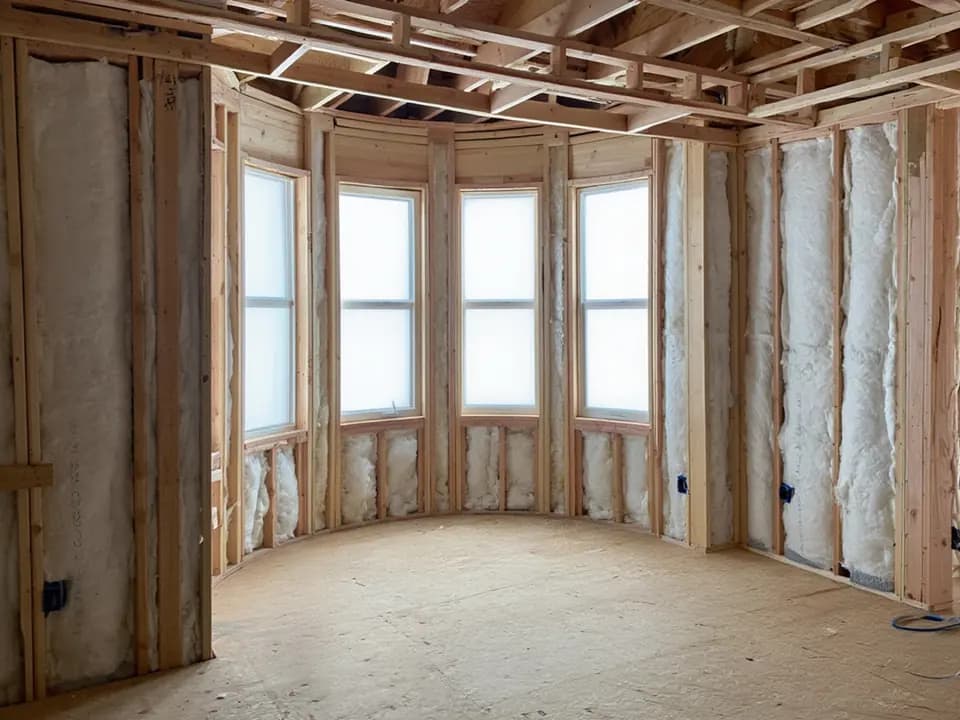 Walls insulated with batts in an open-framed room