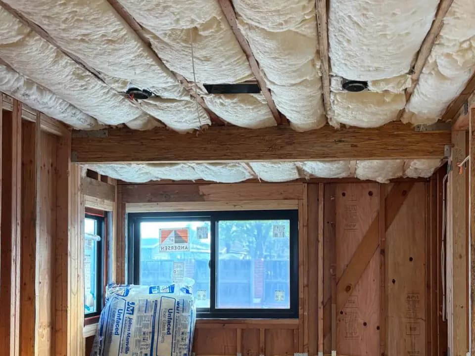 Ceiling rafters covered with spray foam insulation